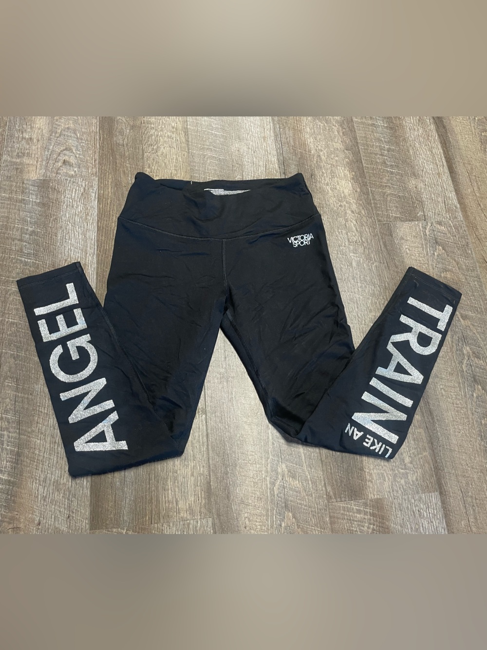 Victoria's Secret Sport Knock Out Black Leggings with “train like an angel”